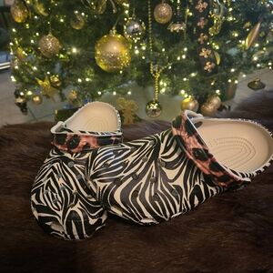 CROCS Zebra Print Mules with Pink Accents